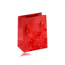 Pungă cadou mică din hârtie, suprafață mată, în nuanță roșie, ornament din catifea