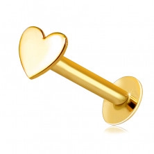 Piercing pentru buză și bărbie din aur galben de 9K - inimă plată strălucitoare