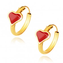 Cercei din aur galben 585, cerc, inimă roșie glazurată, contur auriu, 12 mm