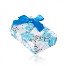 Cutie cadou pentru set sau colier, model floral oriental combinație de culori alb-albastru, fundiță cu panglică