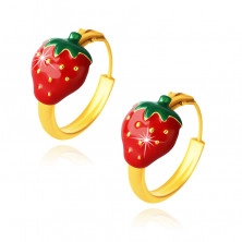 Cercei din aur 14K - cerc, căpșuni roșii cu frunze verzi, 12 mm