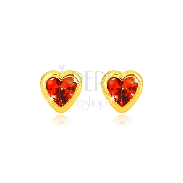 Cercei din aur galben de 14K - zircon inimă roșie, montură netedă