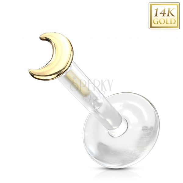 Piercing pentru ureche, din aur galben de 14K, labret - transparent Bioflex, semilună