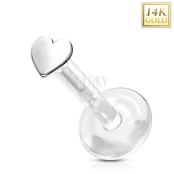 Piercing din aur alb de 14K, pentru ureche, bărbie, buză - inimă mică, Bioflex transparent