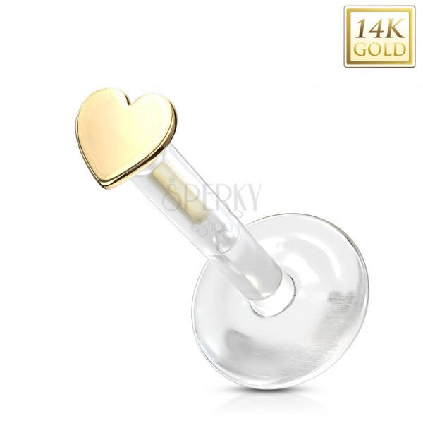 Piercing din aur galben 585 pentru ureche, bărbie, buză - inimă mică, Bioflex transparent