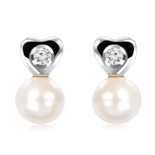 Cercei cu diamant, din aur alb de 9K - inimă mică, diamant transparent, perlă netedă