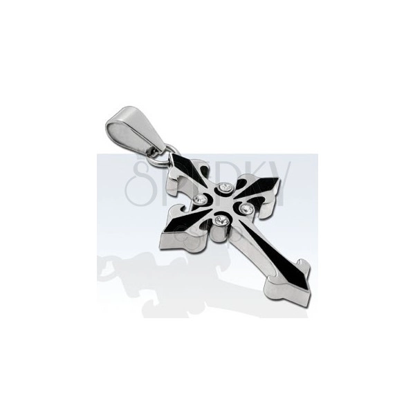 Pandantiv din oţel chirurgical, cruce bicoloră cu patru zirconii