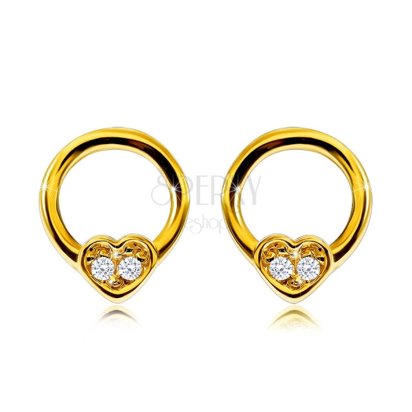 Cercei din aur galben de 9K - cerc îngust cu o inimă mică, diamante rotunde