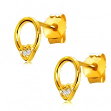 Cercei din aur galben de 9K - cerc îngust cu o inimă mică, diamante rotunde