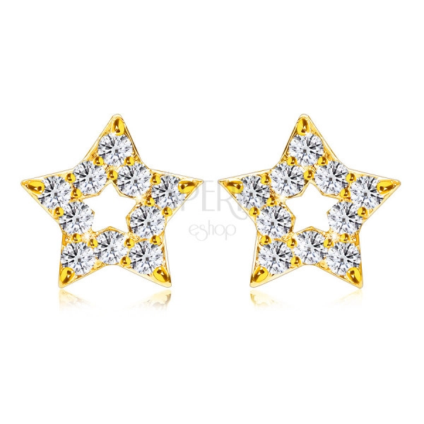 Cercei străluciți din aur galben 375 - contur stea, diamante rotunde