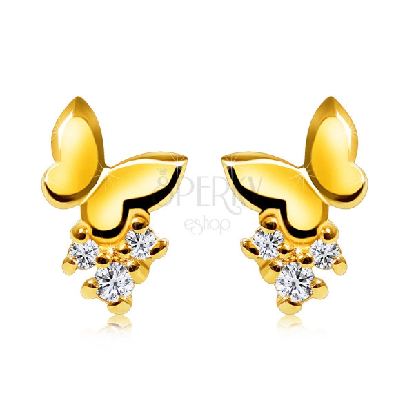 Cercei străluciți din aur galben de 9K - fluture mic, diamante rotunde, transparente