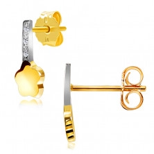 Cercei strălucitori din aur combinat 375 - bandă cu diamante, flori, știfturi, placate cu rodiu