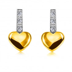 Cercei strălucitori din aur combinat de 14K - bandă cu diamante, inimă netedă, știfturi