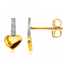 Cercei strălucitori din aur combinat de 14K - bandă cu diamante, inimă netedă, știfturi