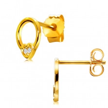 Cercei din aur galben 585 - contur cerc cu o inimă mică, diamante strălucitoare, rotunde