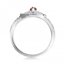 Inel din argint 925, masiv impodobit cu zirconii transparente, zircon central oval, roșu, umeri dubli