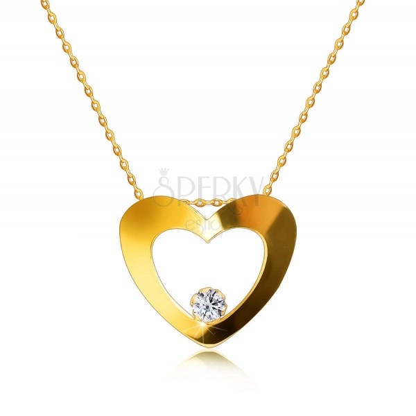 Colier strălucitor din aur galben de 14K - inimă cu decupaj, diamant rotund în partea de jos