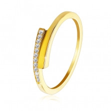  Inel din aur galben 375- brațe subțiri, strălucitoare, bifurcate, linie zirconii