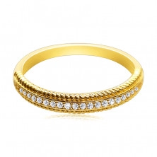 Inel din aur de 14K - ornamente decorative cu crestături pe brațe, zirconii transparente
