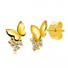 Cercei din aur galben 585 -fluture strălucitor, lustruit în oglindă, diamante rotunde, transparente, știfturi