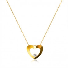 Colier strălucitor din aur galben 375 - silueta unei inimi cu decupaj, diamant rotund în partea de jos