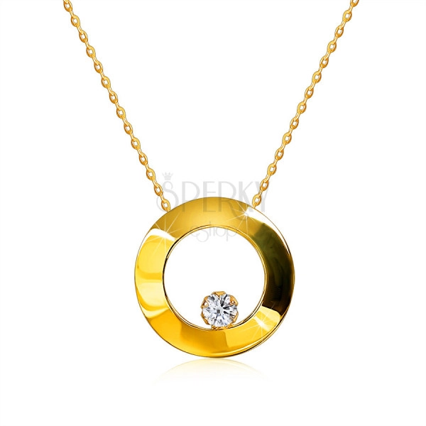 Colier din aur galben de 9K - cerc lucios cu diamant, lant din zale ovale