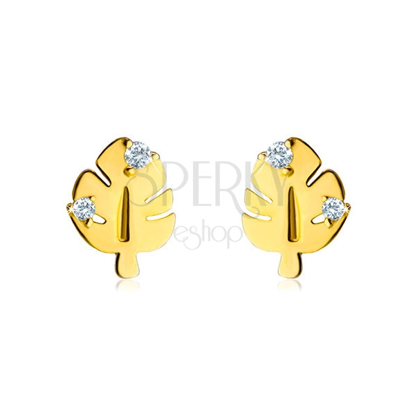 Cercei din aur de 9K - frunză de Monstera strălucitoare cu crestături și tulpină, două diamante strălucitoare, transparente