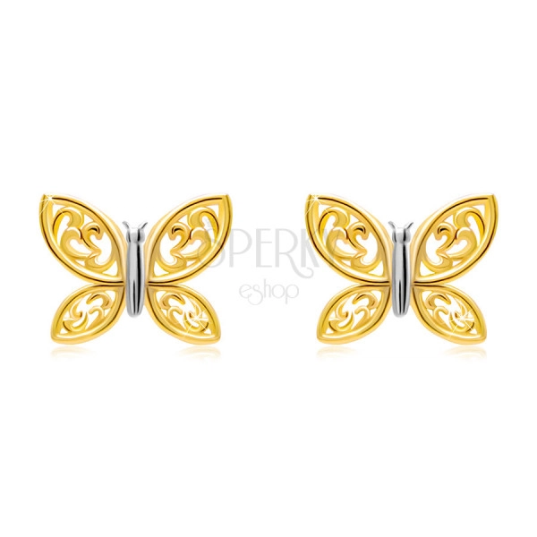 Cercei din aur combinat de 14K - fluture bicolor cu aripi sculptate, știfturi
