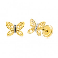 Cercei din aur combinat de 14K - fluture bicolor cu aripi sculptate, știfturi