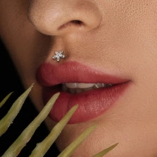 Piercing din oțel inoxidabil pentru buză, bărbie sau ureche - floare cu cinci petale, zirconii, filet interior, 8 mm