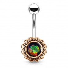 Piercing pentru buric, din oțel - floare in filigran cu opal sintetic, diverse culori