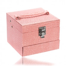 Cutie de bijuterii de culoare roz, detalii metalice în nuanță argintie, două părți utilizabile separat