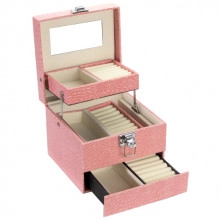 Cutie de bijuterii de culoare roz, detalii metalice în nuanță argintie, două părți utilizabile separat
