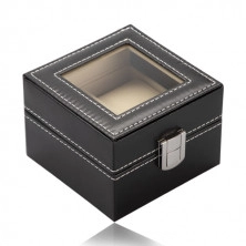 Cutie de bijuterii pătrată, pentru ceasuri - piele sintetică neagră, cataramă metalică lucioasă