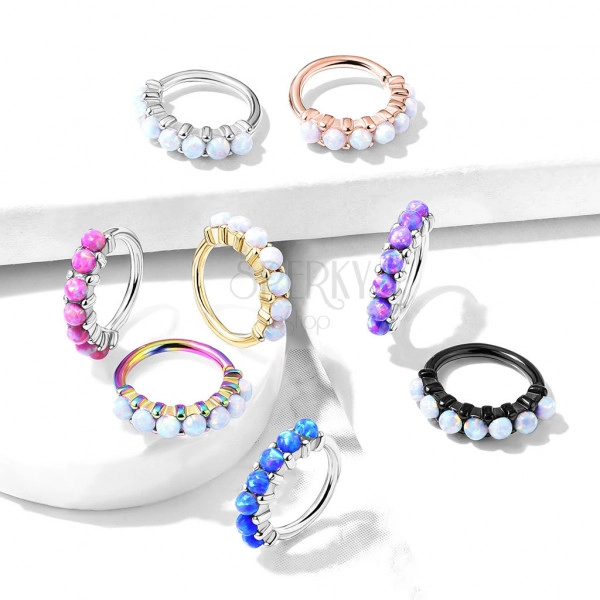 Piercing din oțel 316L pentru nas, ureche sau sprâncene – inel cu opal sintetic, 1 mm, PVD, diverse culori