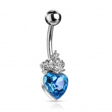 Piercing buric, din oțel - inimă cu coroană cu cristale, diverse culori, placată cu rodiu