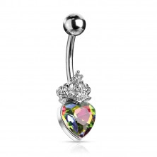 Piercing buric, din oțel - inimă cu coroană cu cristale, diverse culori, placată cu rodiu