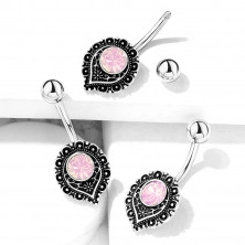 Piercing pentru buric, din oțel - lacrimă inversată filigran, opal sintetic roz, aspect antic