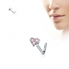 Piercing curbat din otel pentru nas - inimă decorată cu zirconii, diverse culori