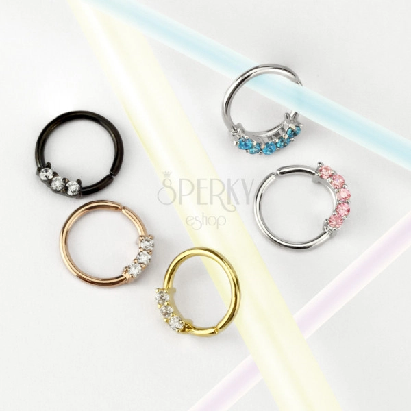 Piercing pentru nas, din oțel - inel cu cinci zirconii, modele de culori diferite