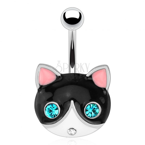 Piercing pentru buric, din oțel inoxidabil – pisică cu ochi albaștri, cap alb-negru
