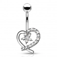 Piercing din oțel, pentru buric - conturul unei inimi cu o floare în decupaj, zirconii transparente