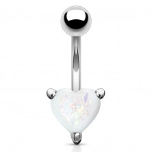Piercing curbat, din oțel argintiu, pentru buric - inimă colorată cu imitație de opal