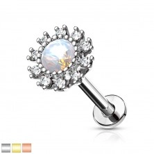Piercing din oțel, cu filet interior - floare rotundă cu centru de opal, zirconii transparente, lungimi diferite