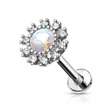 Piercing din oțel, cu filet interior - floare rotundă cu centru de opal, zirconii transparente, lungimi diferite