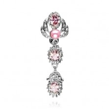 Piercing suspendat, pentru buric - ovale cu zirconii roz, umeri cu zirconii mici, transparente, perlă roz