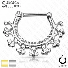 Piercing pentru sept, din oțel chirurgical - segment circular cu ornamente, închidere click