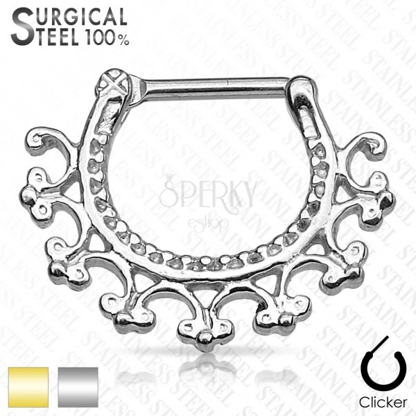 Piercing pentru sept, din oțel chirurgical - segment circular cu ornamente, închidere click