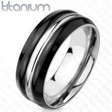 Inel de titan de culoare argintie - margini negre, bandă centrală de culoare argintie, 8 mm