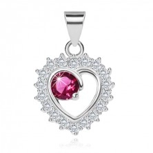 Pandantiv din argint 925 – zircon roz-închis, contur de inimă cu zirconii transparente